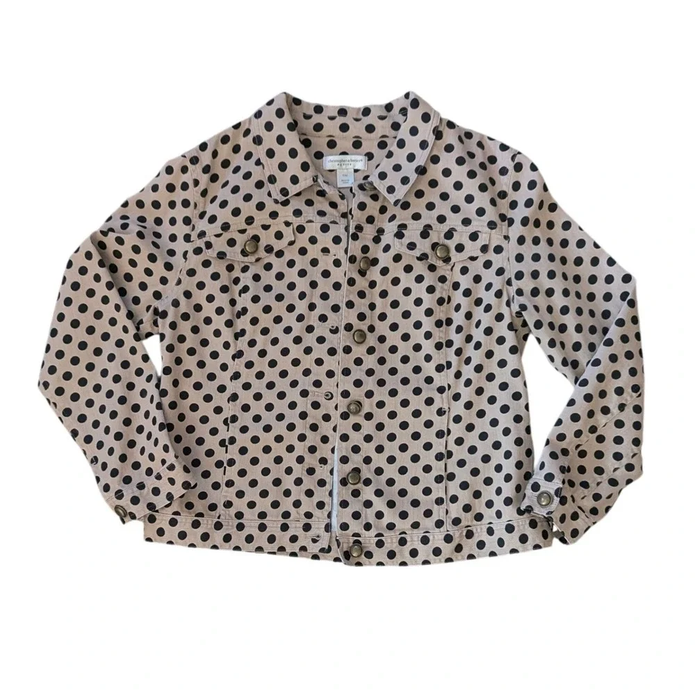 Christopher & Banks Petite Polka‎ Dot Denim Jacket Tan Black Button Front PM
